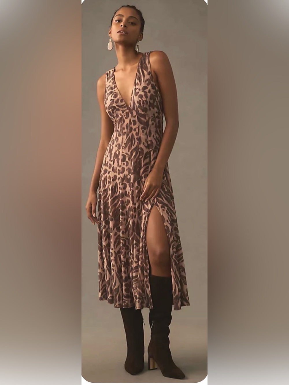 Anthropologie Taupe and Brown Animal-Print High-Low Maxi Dress